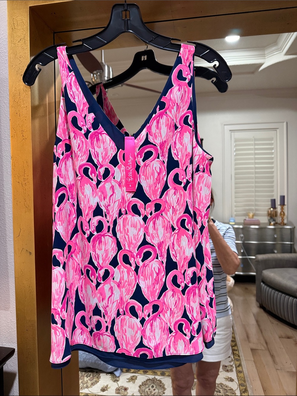 Lilly Pulitzer Navy and Hot Pink Flamingo Print V-Neck Top